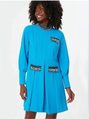 NWT Tuckernuck Bright Blue Embellished Hoyt Long Sleeve Mini Dress Size XL